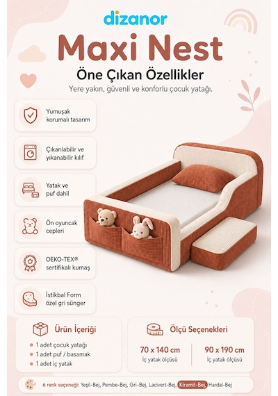 Dizanor Maxi Nest Montessori Çocuk Karyola Yatak Seti Kiremit Fitilli 140 X 200 Dizanor Maxi Nest Montessori Çocuk Karyola Yatak Seti Kiremit Fitilli 140 X 200