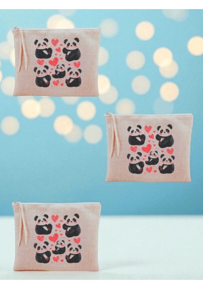 Kalpli Panda Baskılı 3'lü Makyaj Çantası 20x25 Cm - Seyahat Makyaj Çantası