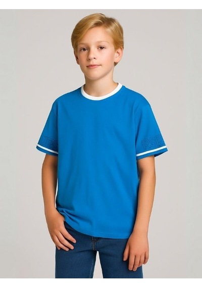 Çocuk Yaka Nervürlü Pamuklu Oversize Kalıp T-shirt-16023 Mavi