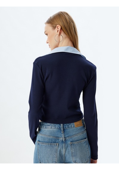 Koton Pamuklu Gömlek Yaka Katlı Slim Fit Uzun Kollu Tişört Lacivert 7wal10124ık