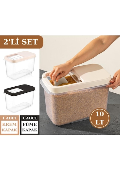 Flosoft 10 L Un Bakliyat Erzak Saklama Kabı Deterjan Kutusu 2’Li Set Füme+Krem