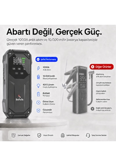 Solvis 5'i 1 Arada 12v Akıllı Akü Takviye Cihazı, Lastik Şişirme Pompası, Powerbank Ve Led Aydınlatma Çanta Hediyeli
