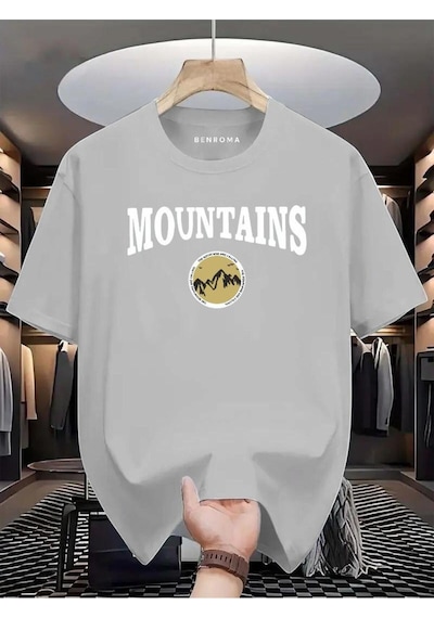 Mountaıns Baskılı Oversize Tişört Gri