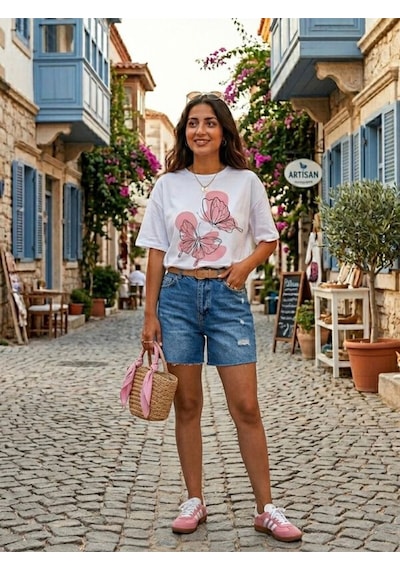 Line Art Kelebek Baskılı Oversize T-shirt Beyaz