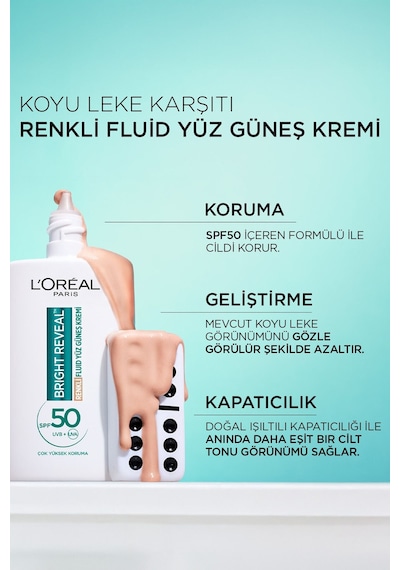 L'Oréal Paris Bright Reveal Koyu Leke Karşıtı Renkli Fluid Günlük Yüz Güneş Kremi SPF50+ Light 50 ML