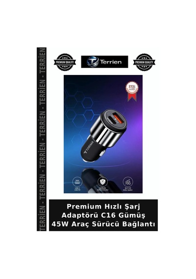 Premium Hızlı Şarj Adaptörü C16 Gümüş 45w Araç Sürücü Bağlantı