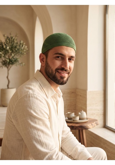 Premium Örgü Takke Nefes Alan İnce Ve Hafif Erkek Takkesi Yeşil