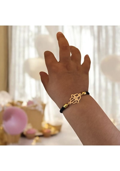 X Harfine Özel Siyah İpek Örgülü Hamsa Motifli 14 Ayar Altın Plakalı Hediye Bileklik-509harf X