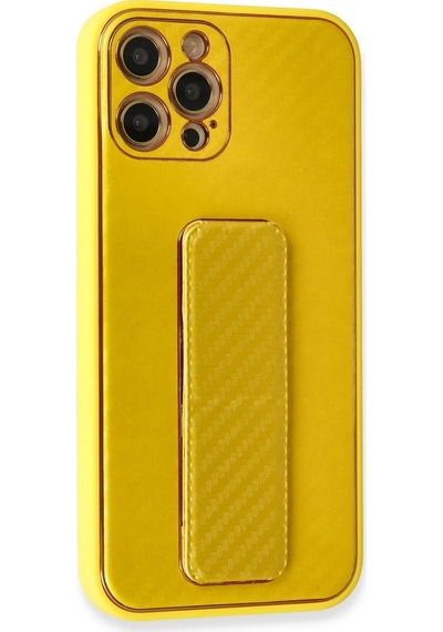 Apple  Uyumlu  iPhone 12 Pro Kılıf Coco Karbon Standlı Kapak Sarı