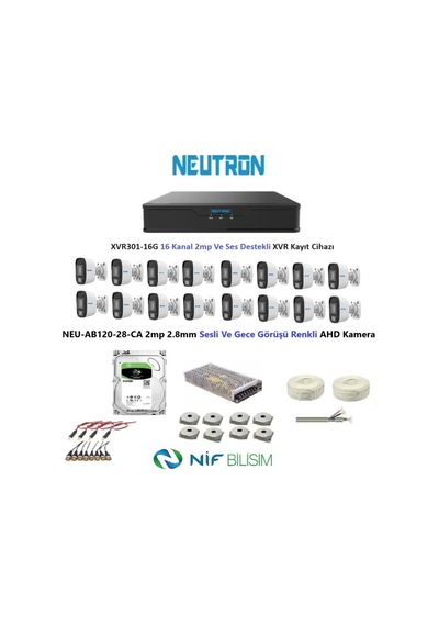 Neutron 2mp 16 Kameralı Gece Renkli Sesli Dış Ortam Ahd Full Kamera Seti 500gb Disk Neu-ab120-28-ca