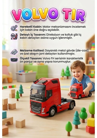 Işıklı Sesli Pilli Çek Bırak Mekanizmalı Öne Doğru Açılan Kabinli 11cm Dorsesiz Oyuncak Tır Kırmızı
