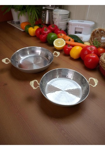 2'li Sahan Menemen Tava Seti, Sarı Kulplu 18 Cm Ve 20 Cm Dövme İşçilikli Çelik Metalik