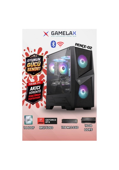 Gamelax Pençe-02 i5-14400f RTX5060 8 GB 16 GB 1TB SSD Dos Masaüstü Oyuncu Bilgisayar