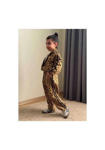 Toikids Kız Çocuk Gabardın Kumaş,leopar Şerit Detaylı 3lü Takım Kahverengi