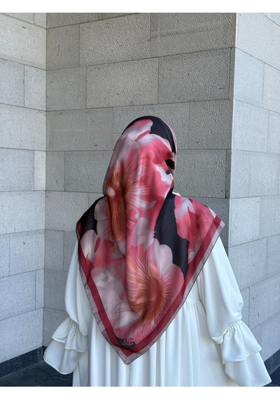 Qalortex Scarf Pamuklu Flora Desen Eşarp-bordo/siyah Bordo-siyah