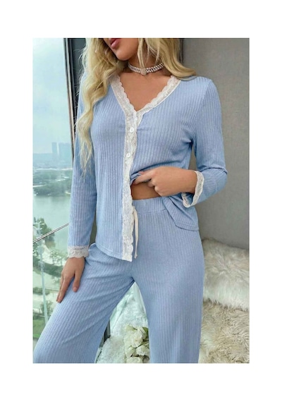 Merry See Ribanalı Dantel Detay İki Parça Pijama Takım Mavi