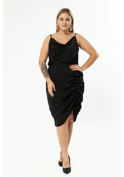 Myline Saten Degaje Yaka Drape Detaylı Elbise-1486 Siyah