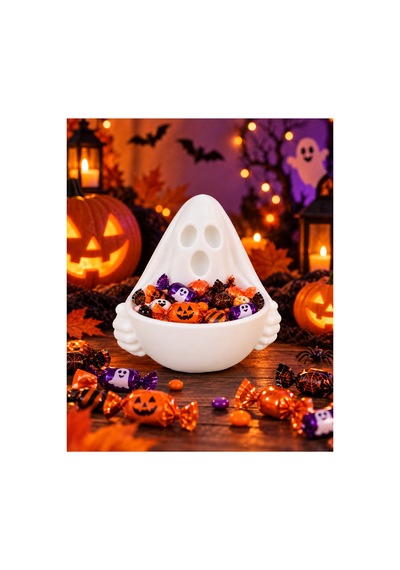 Halloween Hayalet Şekerlik Dekoratif Cadılar Bayramı Şeker Kasesi Beyaz Beyaz