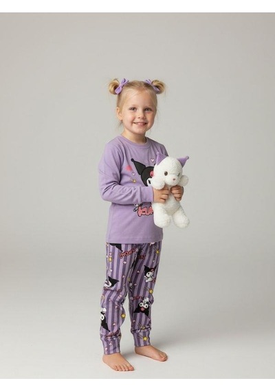 Kız Çocuk Pamuklu Baskılı Pijama Takımı-16830 Mor