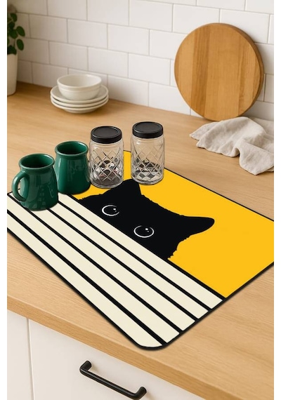 Sarı Kedi Temalı Microfiber Bulaşık Kurutma Matı Mm015n11