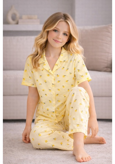 Beka Kids Kız Çocuk Önden Düğmeli Devrik Yaka Kısa Kol Uzun Pantolon Desenli Pijama Takımı Sarı