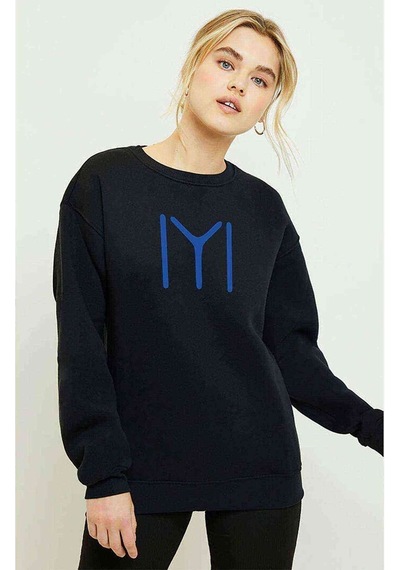 Kayı Boyu Baskılı Siyah Kadın Sweatshirt