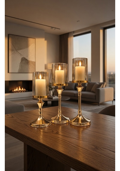 Lumina Gold Royale Şamdan Seti Sırasıyla 39 - 34 - 29cm / Dekoratif Masa Şamdanı Salon & Yemek Masası Mumluk Eskitme Gold