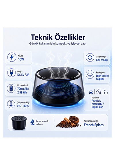 Araç İçi Aromaterapi Nemlendirici Ve Koku Makinesi 10w 700 Mah Şarjlı Kartuşlu French Spices Araç Kokusu Difüzör 001