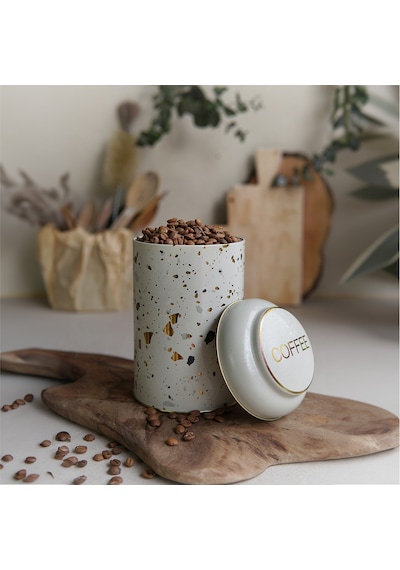 Terrazzo Cream Desenli Yuvarlak Metal Kutu, 10.5 X 15 Cm, 1.1 Lt