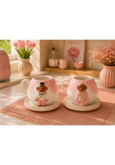 Soft Teddy Series El Yapımı Seramik Fincan Seti Pudra Pembe