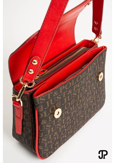 Just Polo Kadın Baskılı Ayarlanabilir Askılı El & Omuz Çantası Ebat : 26 X 13 Cm Shopper Kahve Kırmızı