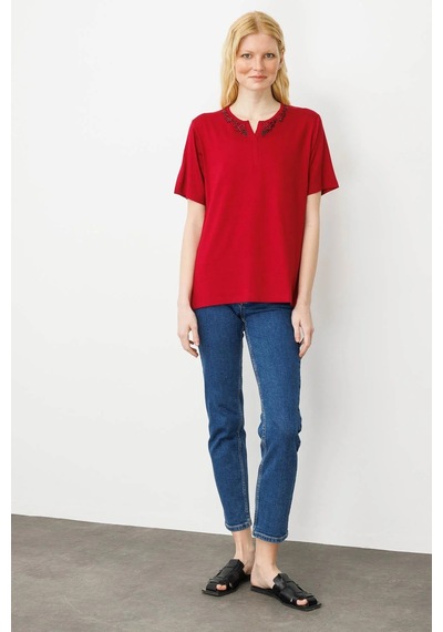Desen Triko Kadın Açma Yaka Dantel Çiçek İşlemeli Penye T-shirt 24751 Bordo Bordo