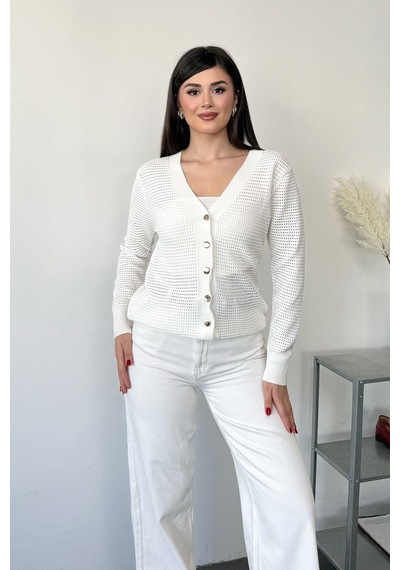 Giysa Kadın V Yaka Düğmeli File Hırka Beyaz - 27k 3345