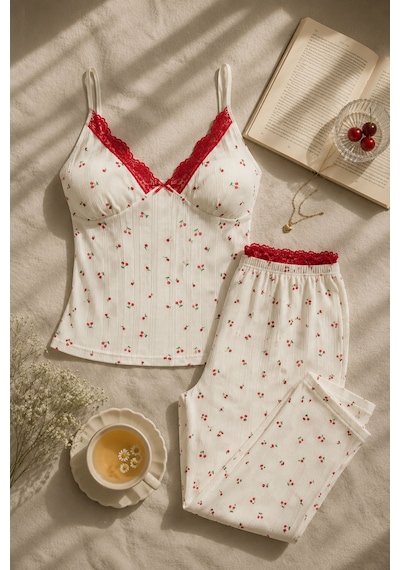 Koza İç Giyim Kadın Pamuklu Kaplı Askılı Dantelli Pijama Takımı Kk30131 Kırmızı - Ekru