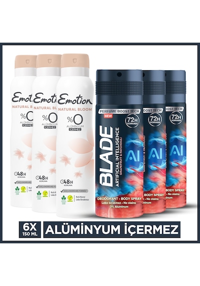 Blade Artificial Intelligence 1.0 Erkek Deodorant 3x150 Ml,emotion Natural Bloom Kadın Deodorant 3x150 Ml