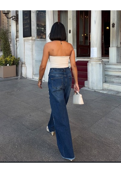 Genel Taş Detaylı Bol Paça Jeans Koyu Lacivert