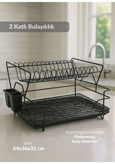 Jet's Home 2 Katlı Bulas Iklık C Elik Tezgah U Stu Tabaklık Bpa Free Bulas Ik Sepeti Kurutmalık Siyah siyah