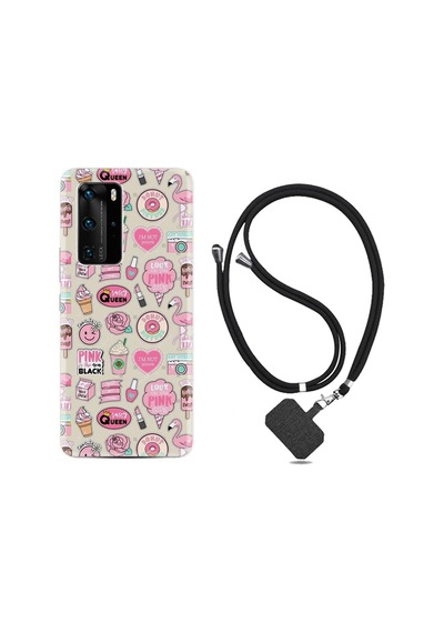 Huawei P40 Pro Kılıf Desenli Silikon Boyun Askılı Donut Flamingo 1415