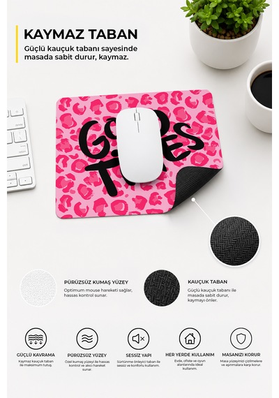 Leopar Desenli Good Times Ergonomik Mouse Pad Kaymaz Tabanlı, Renkli Ve Konforlu Tasarım Pembe