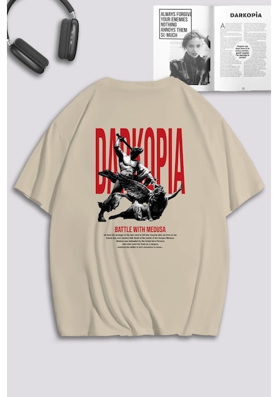 Unisex Kadın Erkek Battle With Medusa Baskılı Özel Tasarım Oversize T-shirt Bej Mck0152 Bej