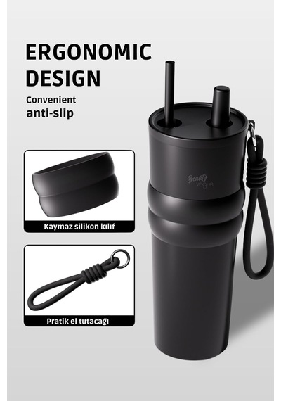 Lüks Çelik Termos Bardak - Çift Yalıtımlı Pipetli Mug - Mat Siyah-sıcak-soğuk Çok Renkli