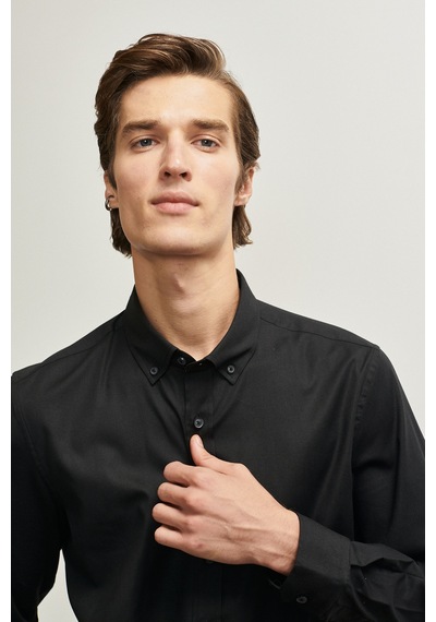 AC&Co / Altınyıldız Classics Erkek Siyah Slim Fit Dar Kesim Düğmeli Yaka Gabardin Desenli Gömlek 4A2023100059SYHXL Siyah