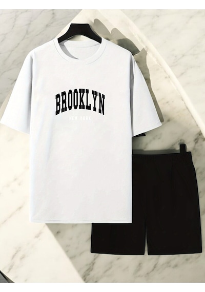 Uyguntarz Unisex Brooklyn Baskılı Tasarım Şort Takım Beyaz