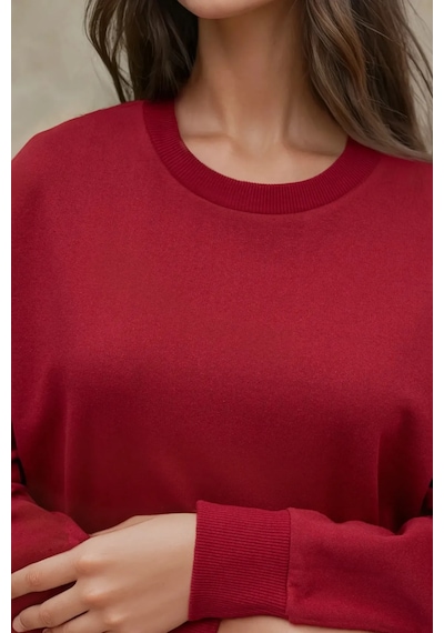 Hiccup Oversize Bisiklet Yaka Basic Sweatshirt Bordo Kırmızı