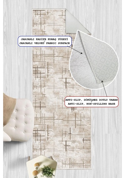 Dijital Baskılı Dekoratif Kaymaz Taban Yıkanabilir Kilim Yolluk Antre Hol Halısı Salon Halısı Bej