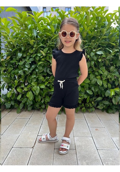 My Kids Wear Fırfırlı Kız Çocuk Şort Takım Siyah