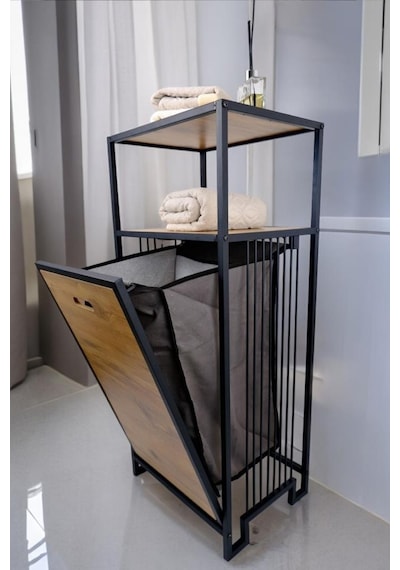 Digithome Metal Kirli Sepetli 2 Raflı Çok Amaçlı Banyo Düzenleyici Raf Organizer Siyah Mrs-003 C1-1-369 Siyah