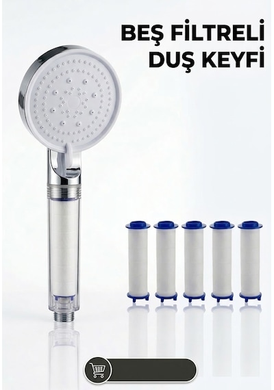5 Fonksiyonlu Arıtmalı Duş Başlığı Seti - 5 Adet Yedek Filtre Kartuşlu Kireç Ve Tortu Önleyici Spa Duş Seti Beyaz - Gümüş