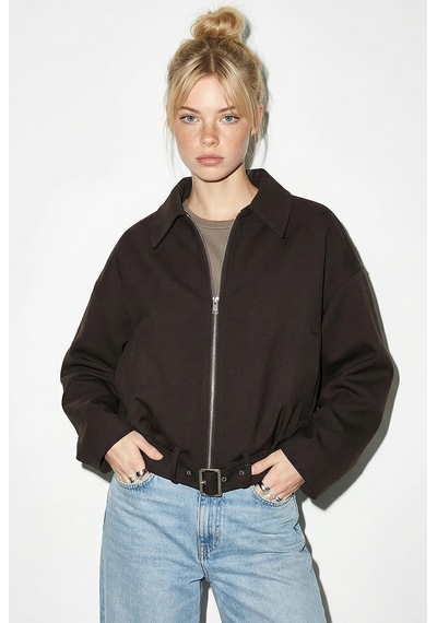 Shade Kadın Oversize Kemer Detaylı Fermuarlı Astarlı Bomber Ceket 2911 60286013 - Acı Kahve Kahverengi