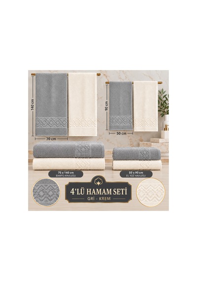 4 İü Hamam Seti 50x90 Ve 70x140 Pamuk Jakarlı Gri - Krem